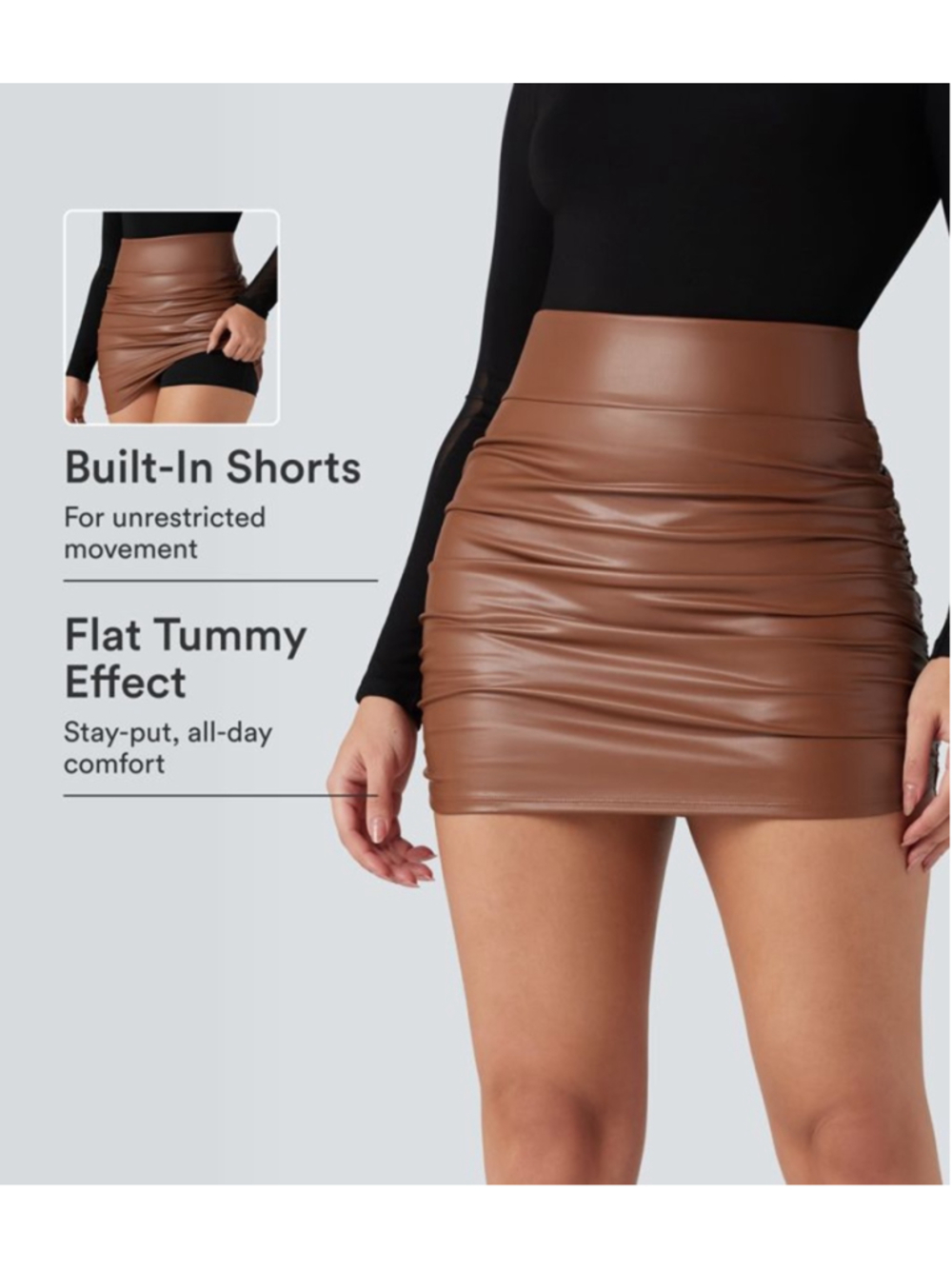 Halara Faux Leather Ruched Mini Bodycon Skirt with Shorts Rustic Brown Med NWOT